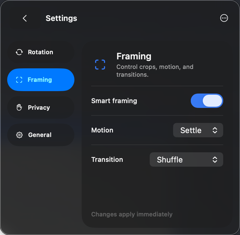 FluxPaper’s native Framing settings, including smart framing, motion, and transitions