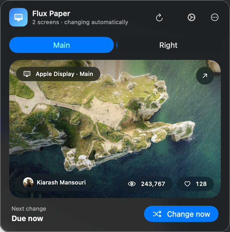 FluxPaper’s actual gallery popover, opened from its menu-bar icon